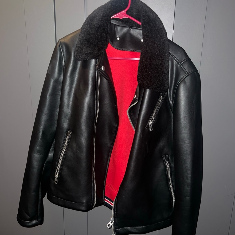 Zara Black Faux Leather Jacket with Red Lining Size Large
